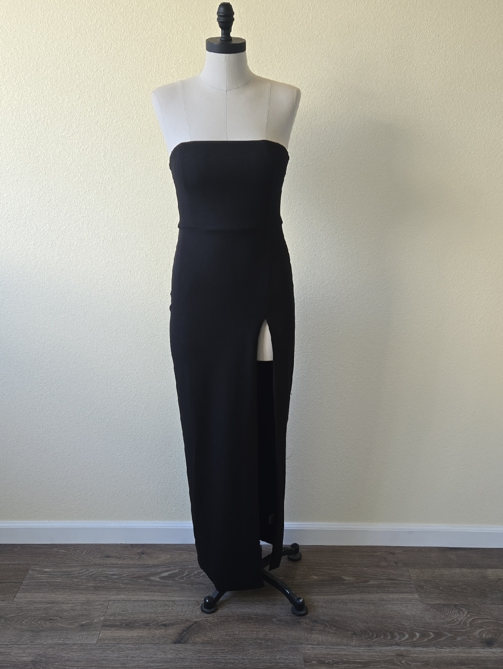 Meshki Strapless Black Maxi Dress with High Slit